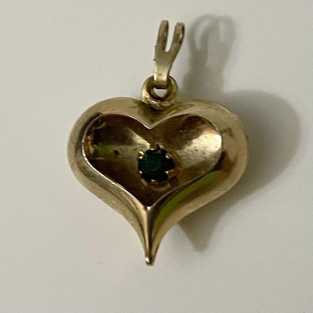 Gold Tone Heart Pendant with Green Gemstone